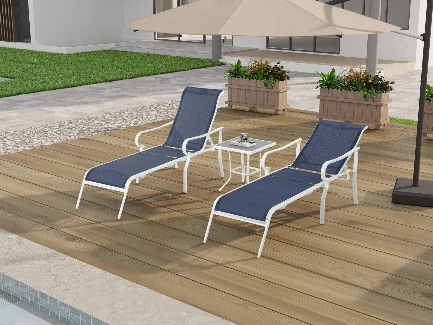 Ensemble de 3 chaises longues de terrasse, chaise longue d'extérieur avec 5 dossiers réglables, cadre en acier robuste, blanc bleu