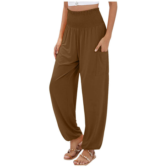 Pantalones casuales de talle alto y pierna ancha con cintura elástica
