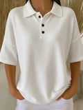 Buttoned Waffle-knit Short-sleeve T-shirt Solid-color Pullover Top