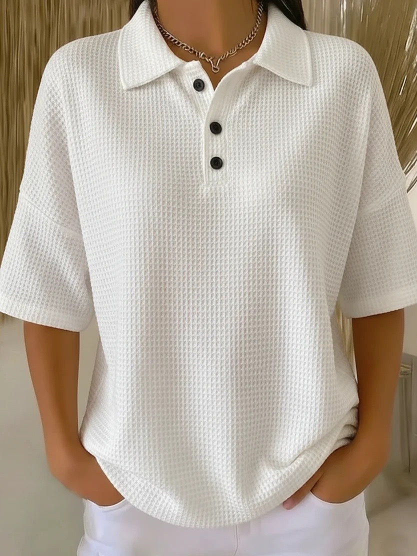 T-shirt boutonné en tricot gaufré à manches courtes, coupe pull, couleur unie