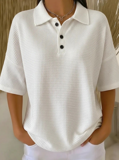 T-shirt boutonné en tricot gaufré à manches courtes, coupe pull, couleur unie