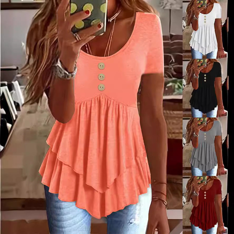 Moda de manga corta, color liso, tres botones, estilo casual