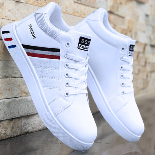 Mens white mid-top sneakers with red, black and blue stripe accents; SSS Fashion branding, 2 sneakers shown