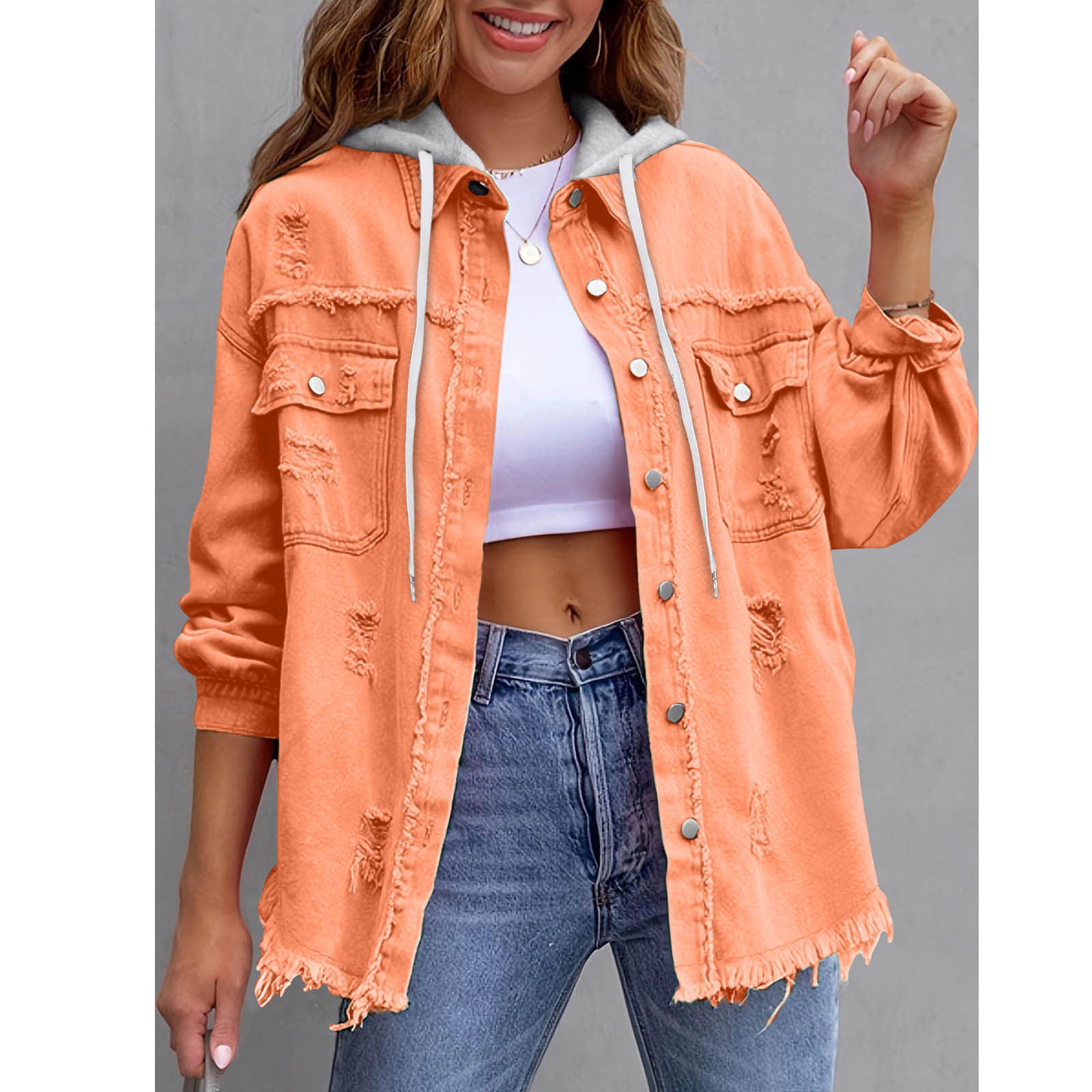 Chaqueta vaquera con capucha holgada de color liso para mujer