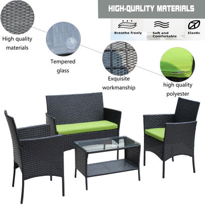 Juego de muebles de patio de ratán de 4 piezas con cojín, sofá de mimbre, cojín verde