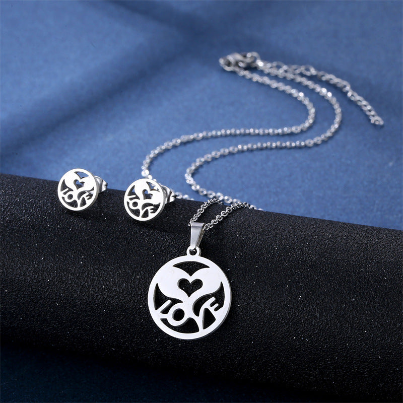 Stainless Steel Necklace Ear Stud Combination Suit