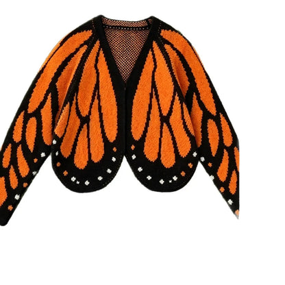 AdTec women's butterfly-knit cardigan in black with orange pattern, open-front long-sleeve knit outerwear