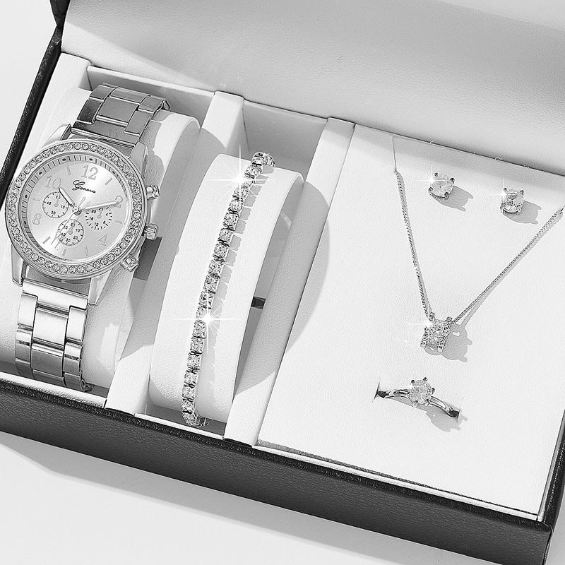 Reloj de cuarzo de tres ojos para mujer con incrustaciones de diamantes
