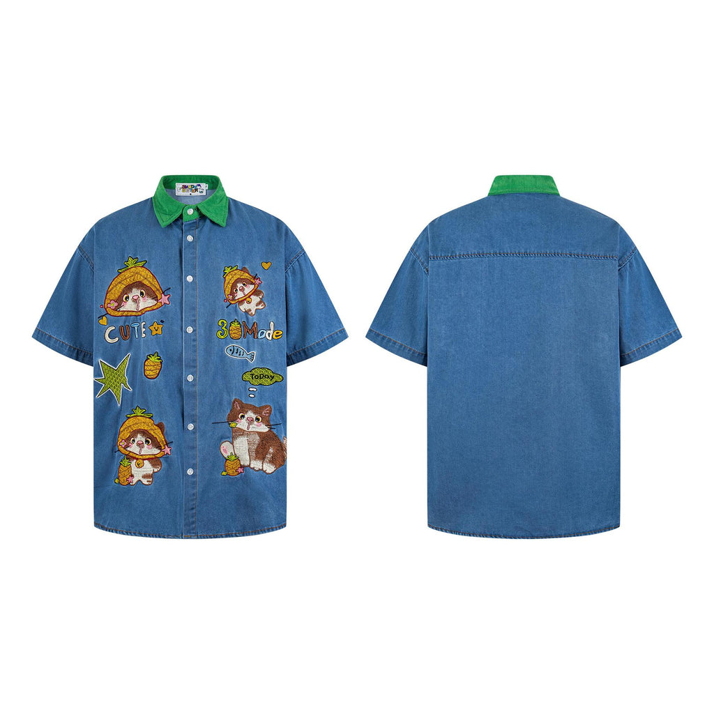 Camisa de mezclilla con contraste y bordado de gato piña