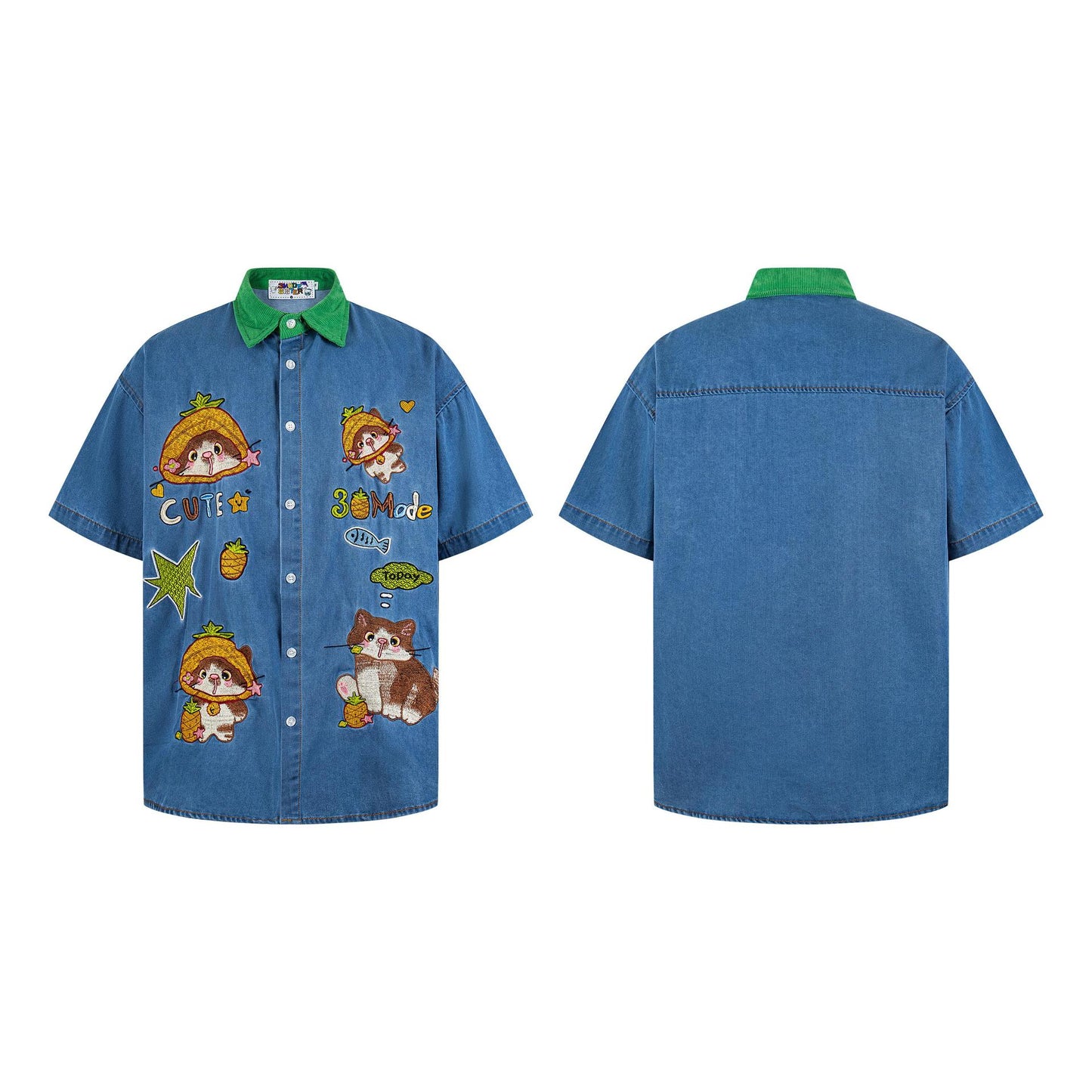 Pineapple cat embroidered contrasting denim shirt
