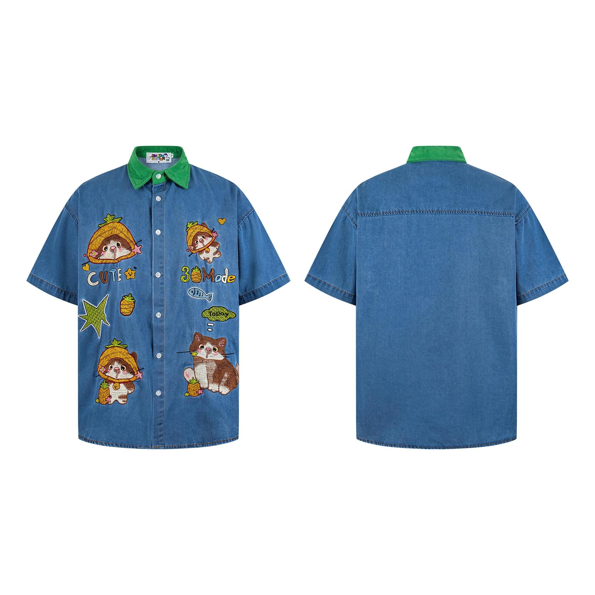 Camisa de mezclilla con contraste y bordado de gato piña