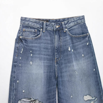 Broken hole decoration mid waist denim casual shorts