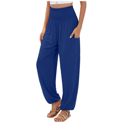 Pantalon décontracté large taille haute à taille élastiquée