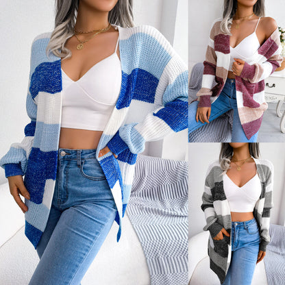 Cardigan à carreaux pour femmes, décontracté, à manches lanternes, veste, vêtements d'extérieur