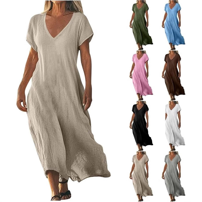 Robe ample unie en coton et lin à col en V