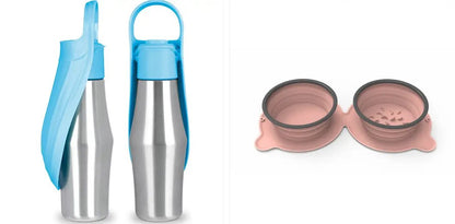 Portable dog water bottle with blue silicone wrap and pink collapsible bowls, 2 bottles and bowl pair