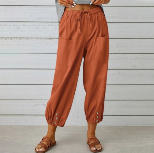 Pantalon ample taille haute en coton et lin avec boutons, coupe courte, jambes larges pour femme