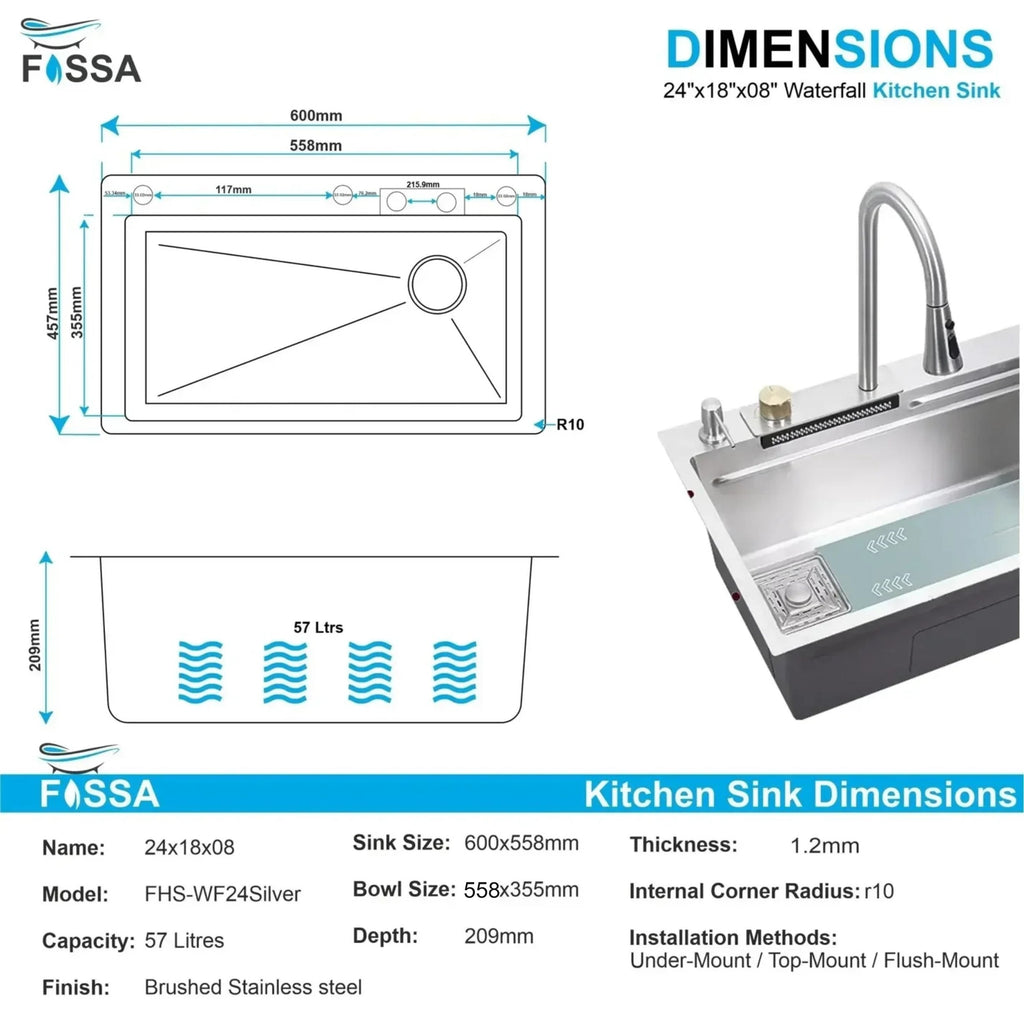 Smart Waterfall (24 x 18 x 9) Inch 304 Stainless Steel Kitchen Sink Silver-1