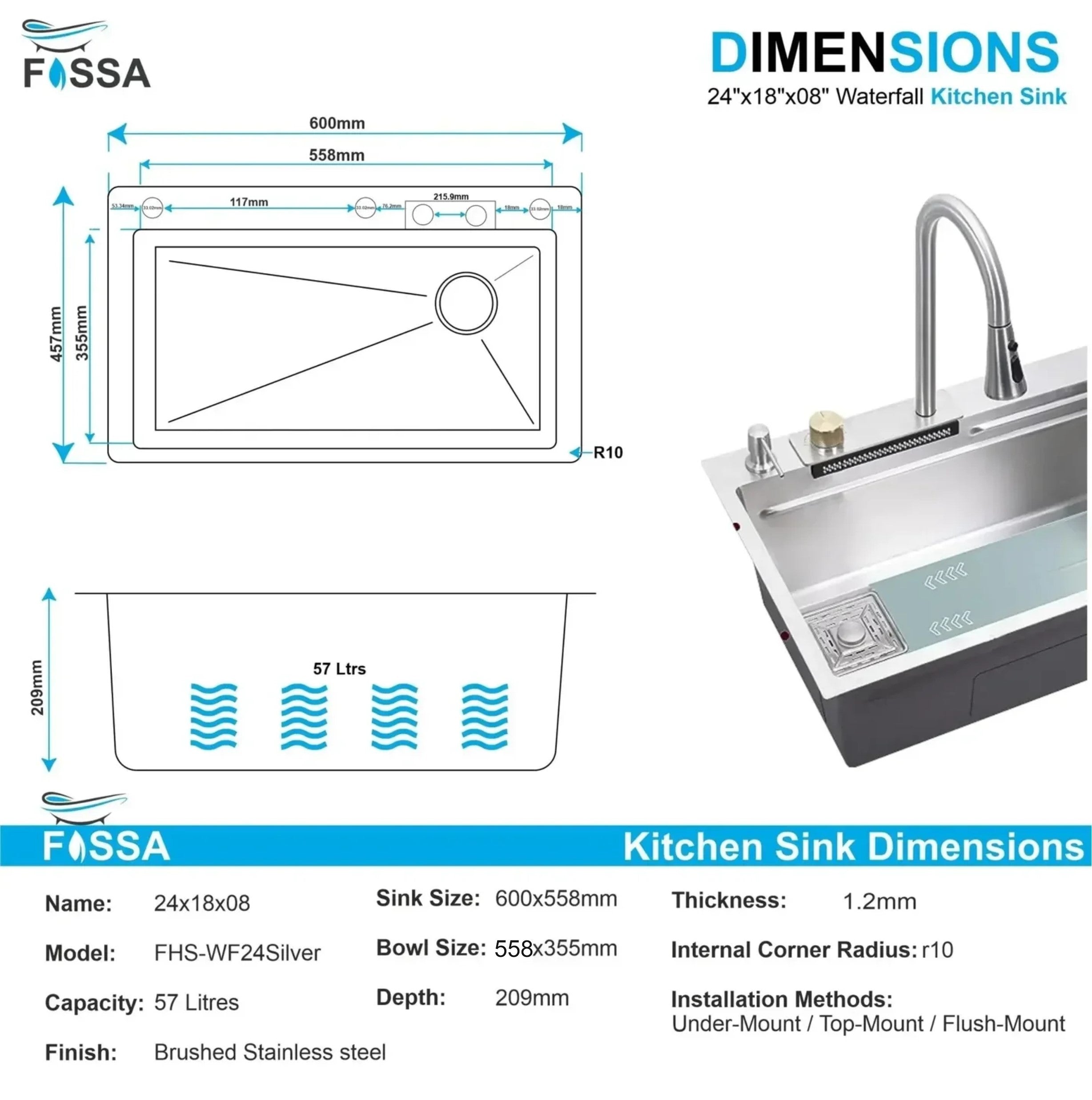 Smart Waterfall (24 x 18 x 9) Inch 304 Stainless Steel Kitchen Sink Silver-1