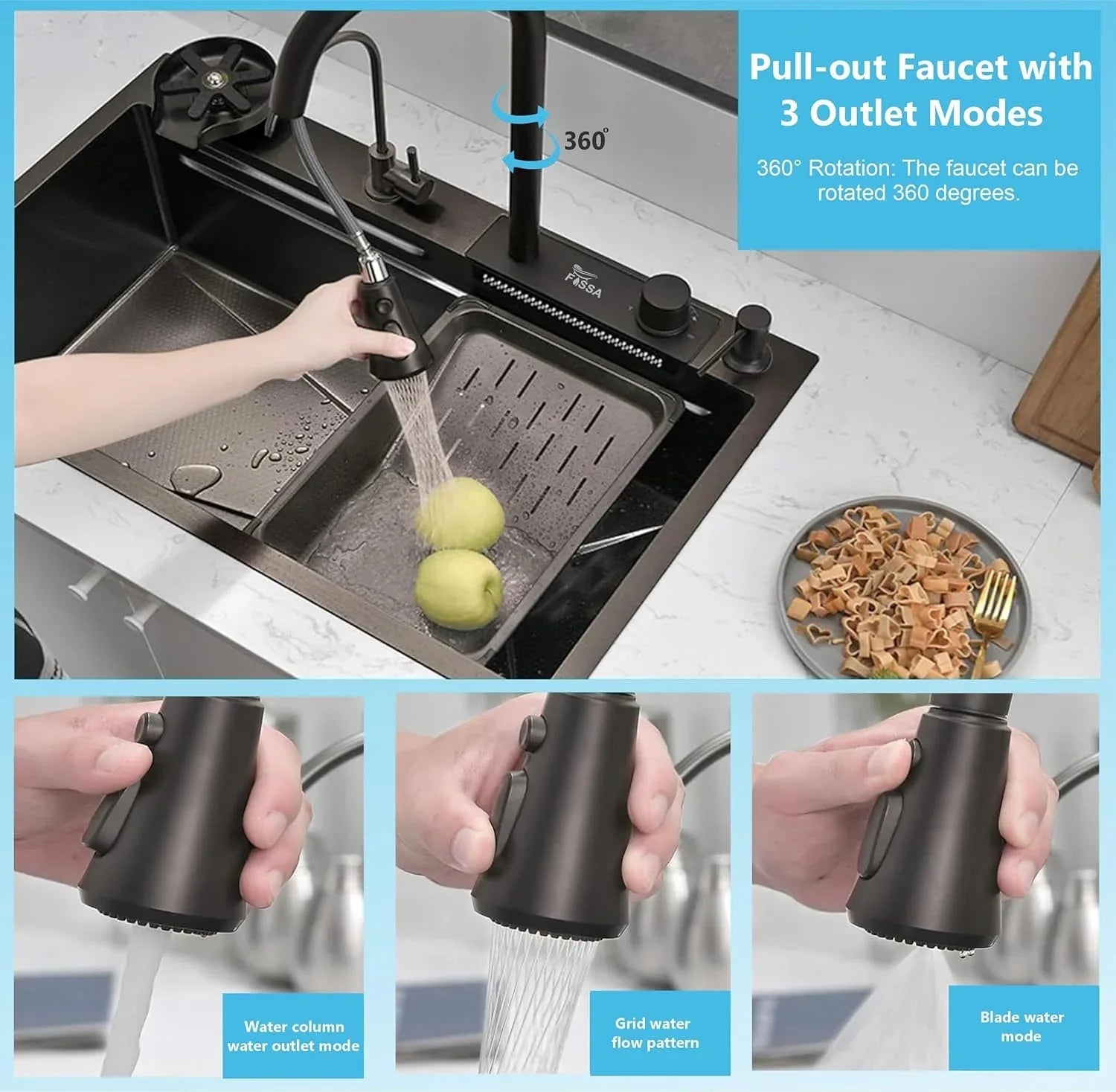 Smart Waterfall  (24 x 18 x 10 ) 304 Stainless Steel Kitchen Sink Black-2