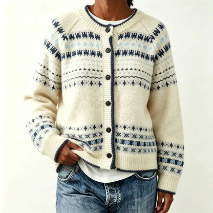 eprolo color-block round-neck sweater; cream knit with navy blue geometric patterns, button-front