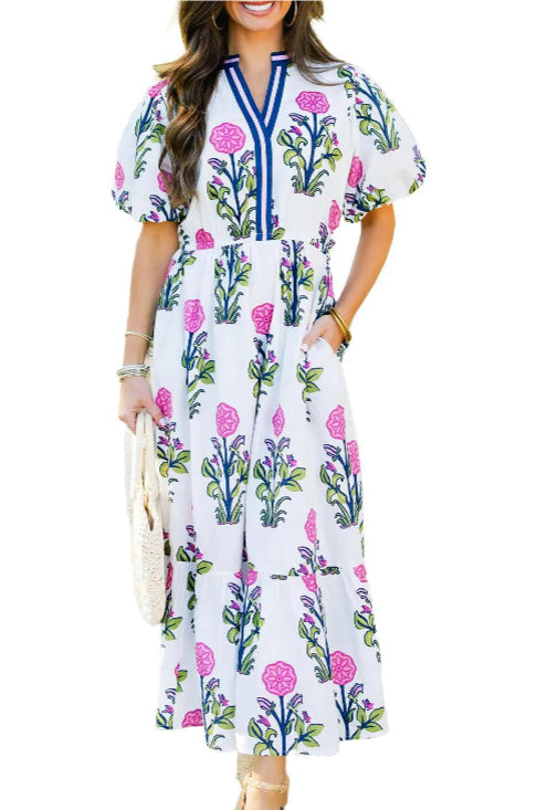 Robe courte à manches bouffantes et col en V, taille haute, bleu ciel.