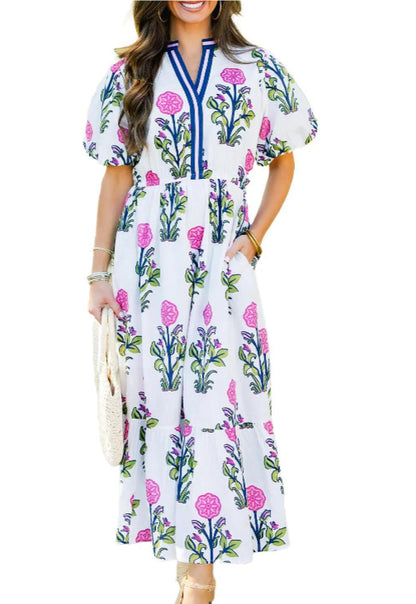 Robe courte à manches bouffantes et col en V, taille haute, bleu ciel.