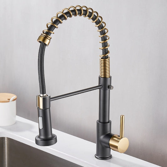Grifo de resorte de cobre, fregadero de cocina con pintura extraíble giratoria, puntos negros y dorados