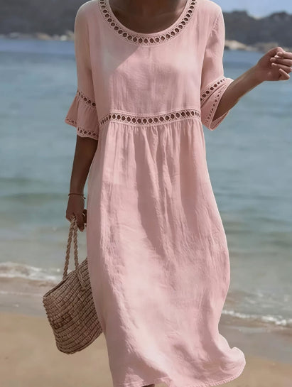 Robe décontractée élégante à col rond, manches trois-quarts et couleur unie