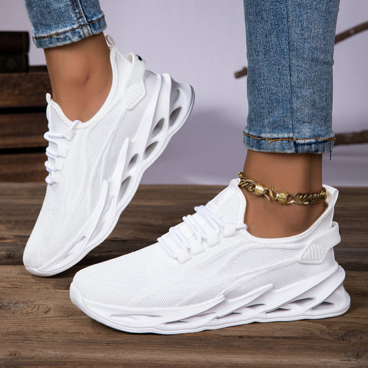 Unisex white mesh casual shoes with soft cushioned soles, lace-up sneakers
