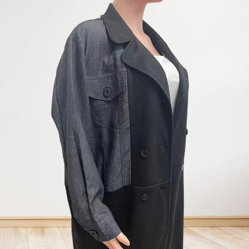 Manteau mi-long en jean avec col tailleur et coutures contrastantes pour femme