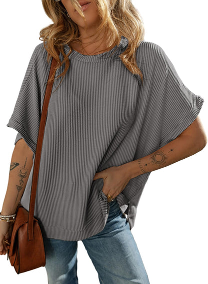 T-shirt en tricot couleur unie pour femme, pull ample et décontracté
