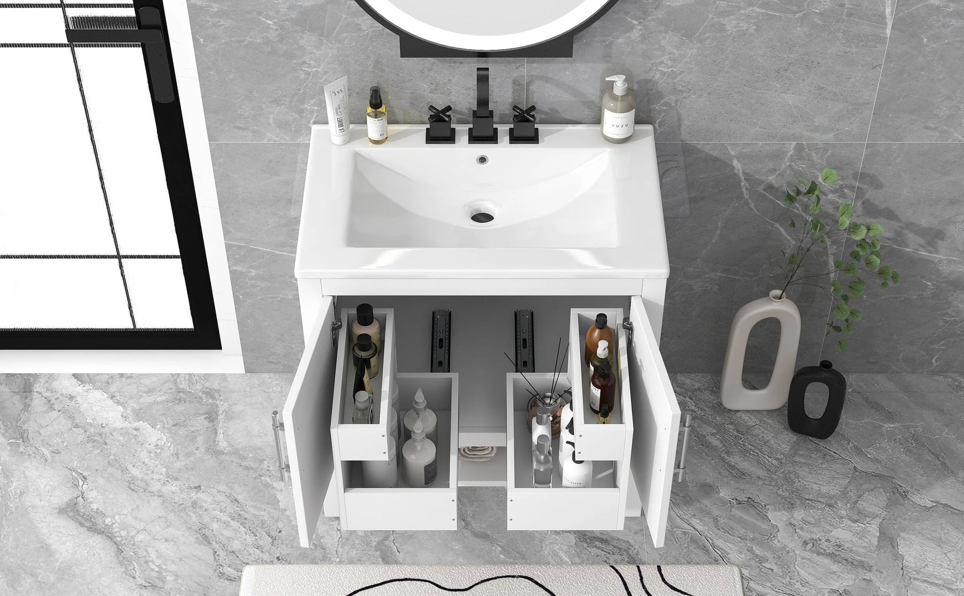 30" Bathroom Vanity with Sink Multi-functional Bathroom Cabinet with Doors and Drawers Solid Frame and MDF Board, White by eprolo