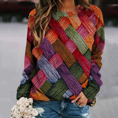 Pull femme à manches longues raglan, col rond et imprimé patchwork