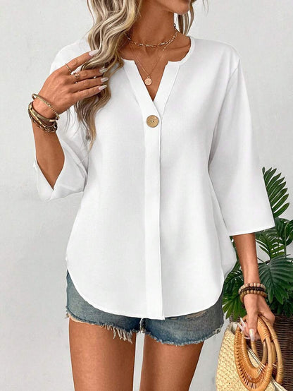 Chemise décontractée unie ample avec petit col en V et boutons