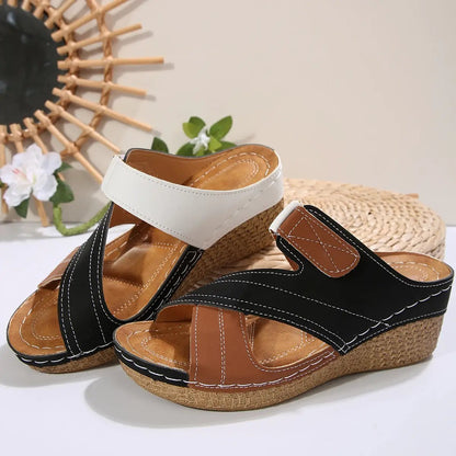 Pair of AdTec Sewing Line wedge Velcro sandals, black and brown leather-look with white strap.