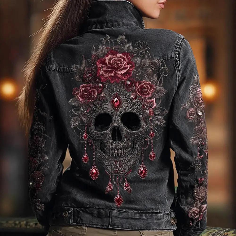 Autumn Retro Washed Long-Sleeve Denim Jacket, black denim with back skull and rose embroidery and red gem accents