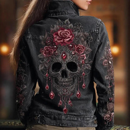 Autumn Retro Washed Long-Sleeve Denim Jacket, black denim with back skull and rose embroidery and red gem accents
