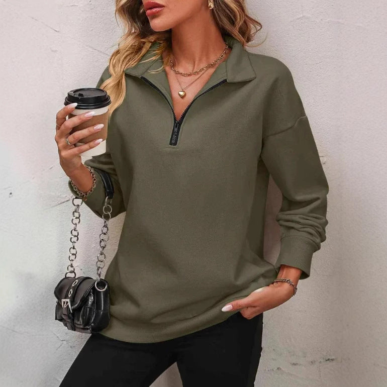 Sweat-shirt zippé mi-manches pour femmes, pull à la mode