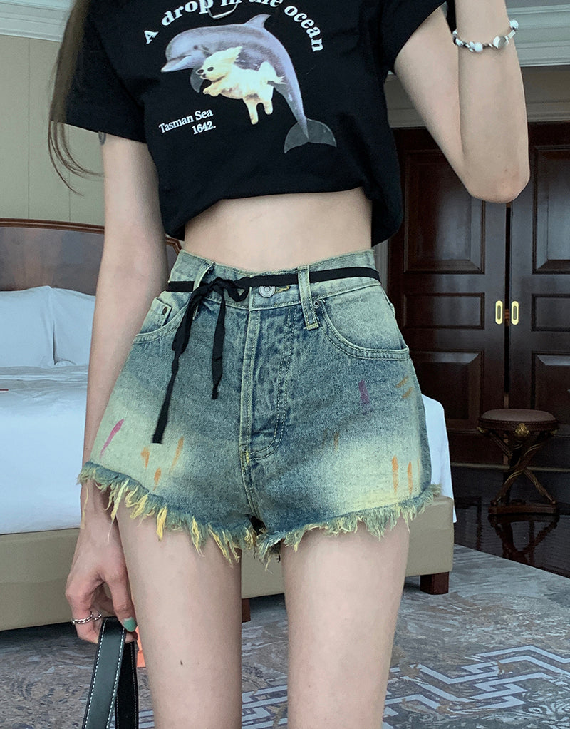Shorts en jean vintage taille haute à bords bruts pour femme