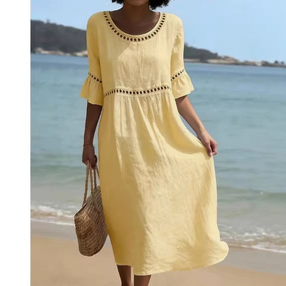 Elegant Casual Crew-Neck Three-Quarter-Sleeve Solid-Color Dress