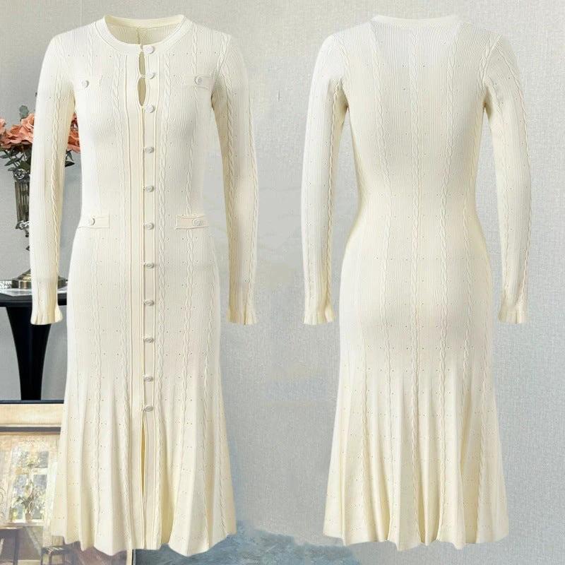 Chic Long Sleeve Knit Dress with Side Split, Waist-Cinching Slim Fit, Floor-Length Skirt by eprolo
