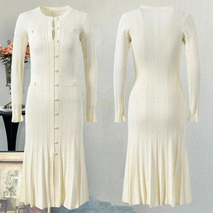 Chic Long Sleeve Knit Dress with Side Split, Waist-Cinching Slim Fit, Floor-Length Skirt by eprolo