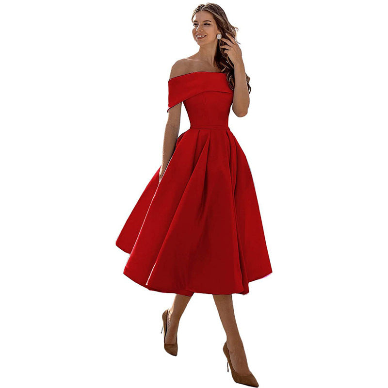Robe de Soirée Formelle en Satin pour Femme sans Bretelles, Coupe Décontractée, Longueur Thé, Épaules Dénudées, avec Poches