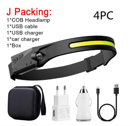 Linterna frontal de inducción LED COB, recargable por USB, resistente al agua, para camping, con todas las perspectivas, luz de caza
