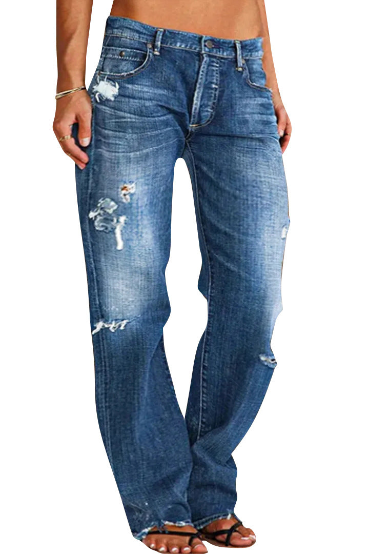 Jean déchiré Ample Large Jambe Denim Pantalon Décontracté Navette Pantalon Vêtements pour Femmes
