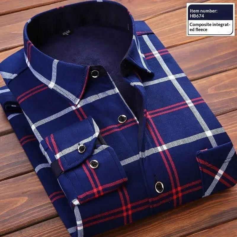 Mens fleece-lined navy plaid flannel shirt with red and white accents, AdTec