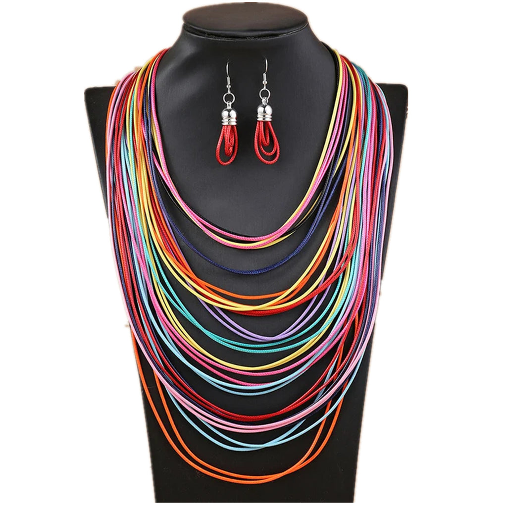 Juego de collar con borla multicapa de cordón encerado