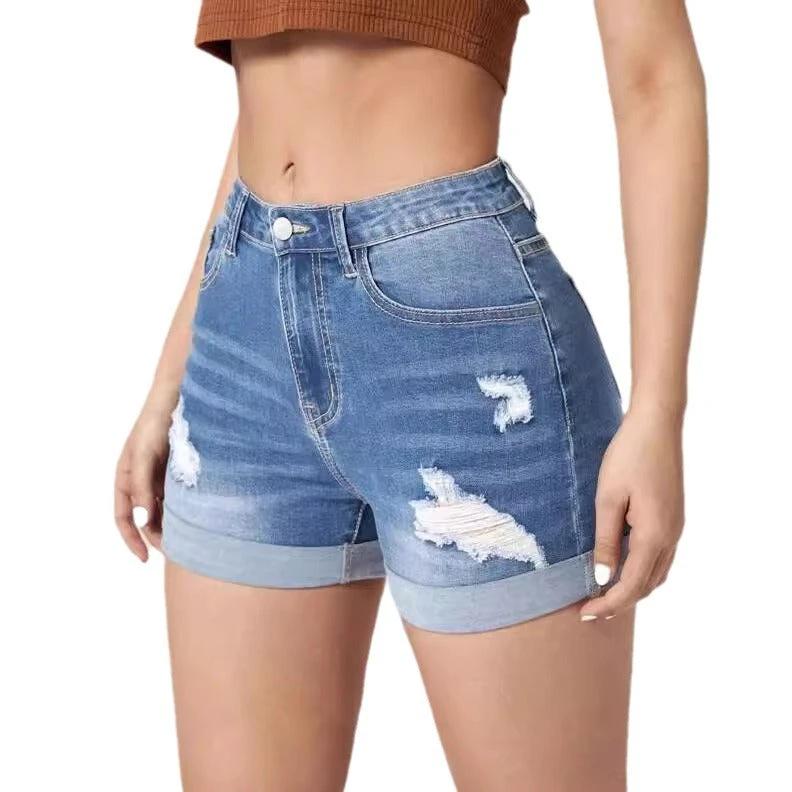 Elastic High-Waist Distressed Cuffed Denim Shorts for Women by eprolo