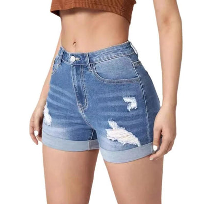 Elastic High-Waist Distressed Cuffed Denim Shorts for Women by eprolo